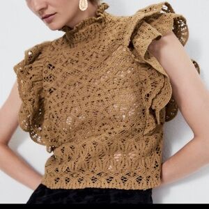 Zara Crochet Ruffle Appliqué Mock Neck Sleeveless Top